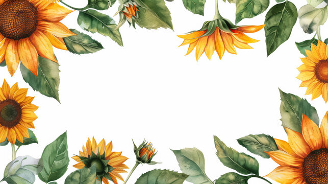 Vintage Sunflower Watercolor Frame with Central White Text Area
