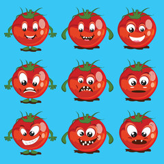 Cartoon tomato in different modes facial expression illustration.