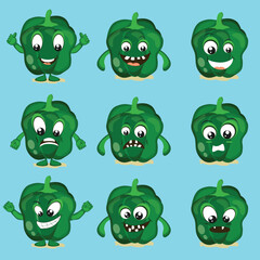 Cartoon capsicum in different modes facial expression set.