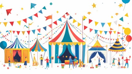 Obraz premium Colorful Carnival Tents and Festive Atmosphere - A cheerful illustration depicting a carnival with colorful tents, flags, and happy people. The atmosphere is joyful and celebratory.