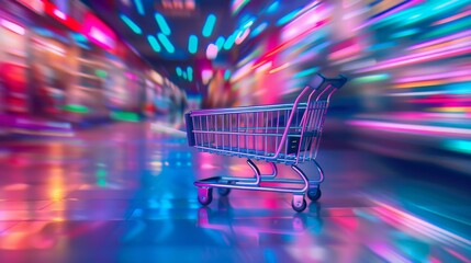 Digitaler futuristischer Neon-Einkaufswagen in Bewegung auf einem abstrakten, bunten Hintergrund