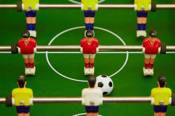 Board soccer game closeup, sports board foosball game