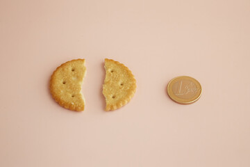 One cookie broken in half on a pink background and a 1 euro coin next to it, close-up, rising food prices, paying for food, tipping for service