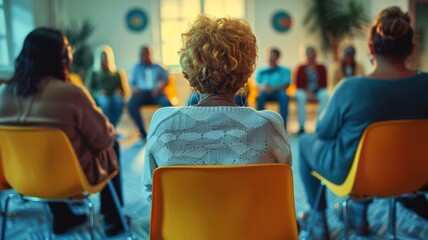 Woman sitting in a circle of chairs with other people in the background, waiting to begin a therapy session or group discussion
