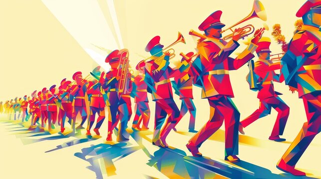 A Marching Band in Vivid Colors - A marching band with brass instruments in a colorful and geometric style.