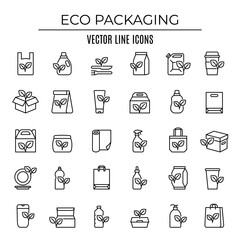 Eco packaging outline icons set. Eco friendly containers symbol. Editable stroke 