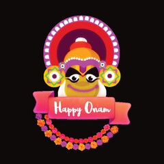 Creative Illustration of Kathakali Dancer Face on Black Background for Happy Onam Celebration.