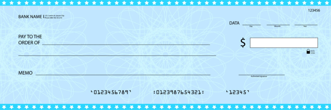 Template of cheque with water marks. Vector of check and coupon