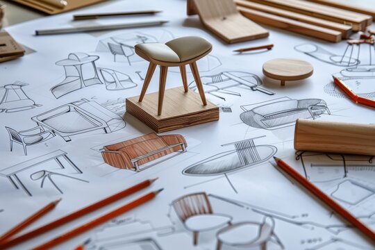 Interior design sketching drawing design development product plan draft chair armchair Wingback prototype manufacturing production. Designer studio concept.