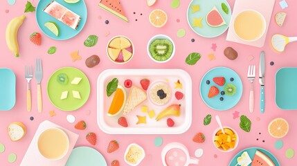 nutritious lunch flat design top view school cafeteria setting theme water color colored pastel
