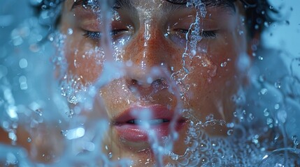 Fototapeta premium A closeup of a person splashing water on their face, looking refreshed The background is a bathroom sink with running water, emphasizing the invigorating and refreshing sensation