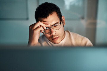 Man, headache and thinking at office with computer, deadline and burnout at copywriting company in...