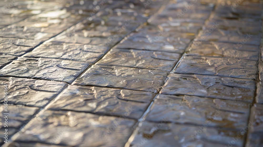 Poster Close-up of stamped concrete, gentle natural light, patterned with brick design. 