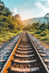 Obraz premium Railway tracks silhouette against stunning sunset sky for captivating scenic view