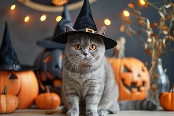 Fototapeta premium Halloween cat in a wizard costume. Dark festive background. Cute british white cat with pumpkins, jack o lantern, holiday decoration. Funny feline in a black witch hat. Card with pet. All Saints Day