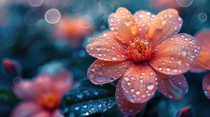 Fototapeta premium Blooming flower with dewdrops close up, focus on petals freshness vibrant palette, Double exposure, garden backdrop