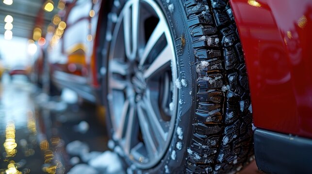 Car Tires A closeup of brandnew car tires with deep treads close up, focus on treads durability realistic, Silhouette, auto shop