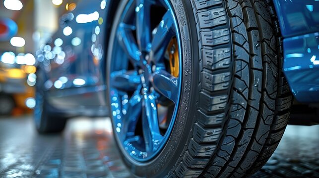Car Tires A closeup of brandnew car tires with deep treads close up, focus on treads durability realistic, Silhouette, auto shop