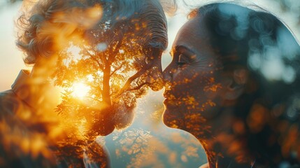 Caring for the elderly, close up, focus on, copy space, bright compassion, double exposure silhouette with hands