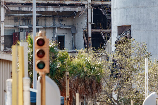 Demolition by implosion not explosion of the Wheelabrator Refuse Plant used for recycling at the Waste Management garbage dump Monarch Hill in Broward County Florida