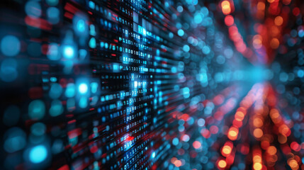 Abstract representation of binary code in red and blue lights, symbolizing digital data and futuristic technology.