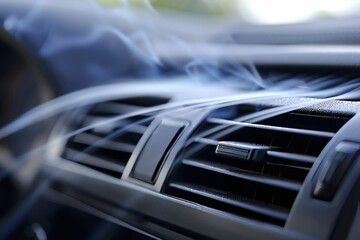 Close up view of black plastic car air vent emitting smooth blue air streams in well lit setting