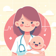 cartoon of a midwife with a happily smiling baby
