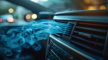 Close up of black car air conditioning vent with flowing blue air streams, well illuminated