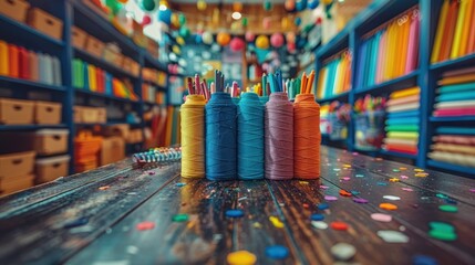 Craft table covered with various materials like scissors