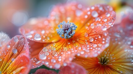 Dewy petals of a flower close up, focus on petals freshness vivid colors, Double exposure, garden backdrop