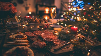 Festive table filled with a variety of dishes and snacks, surrounded by people, glasses of wine, Christmas decorations