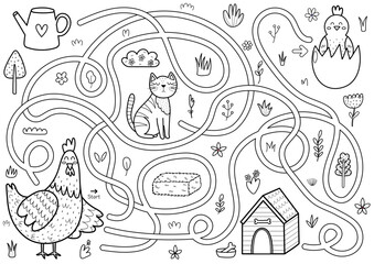 Fototapeta premium Help the mother hen to find a way to her baby chick. Farm maze black and white activity page for kids. Mini game for school and preschool. Vector illustration