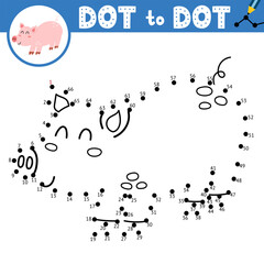 Connect the dots and draw a cute pig. Dot to dot game for kids. Farm animal puzzle activity page. Vector illustration