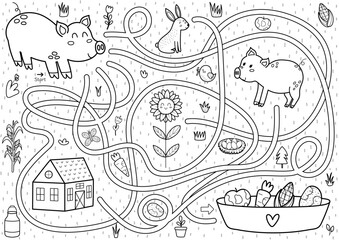 Help the pig to find a way to the feeding trough with vegetables. Farm maze black and white activity page for kids. Mini game for school and preschool. Vector illustration