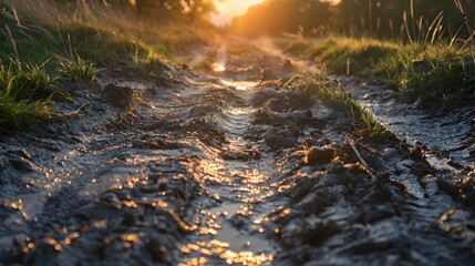 Muddy land, puddles, a road in a field