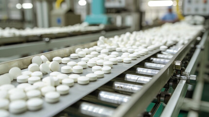 Obraz premium Tablets and capsules are made in a factory on a production line. White painkiller pills move on a conveyor belt to be packaged.