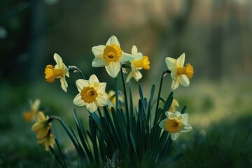 Obraz premium Tranquil and serene daffodils blooming at dusk in a beautiful spring garden filled with delicate floral beauty and soft natural light, creating a peaceful and gentle outdoor environment