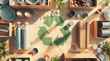 Recycling symbol surrounded by reusable products and eco-friendly items in a clean, organized, sustainable setup for environmental conservation.