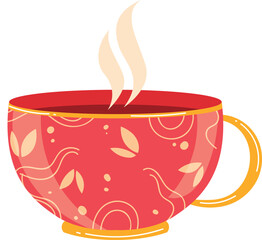 Red coffee cup steam hot drink morning beverage isolated white background. Vibrant red mug yellow handle, leaf pattern large hot tea coffee. Flat design style vector illustration coffee cup