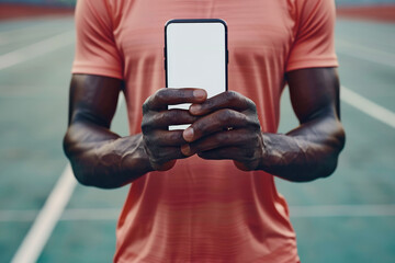Close-up of a smartphone with a blank white screen in the hands of a black man. Generated by artificial intelligence