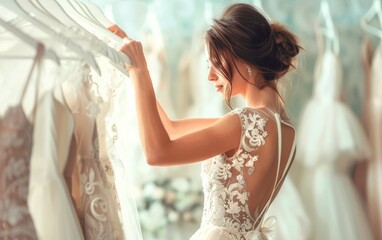 Naklejka premium A woman in a wedding dress is happily browsing through wedding dresses at a store, surrounded by beautiful bridal accessories and fashion designs