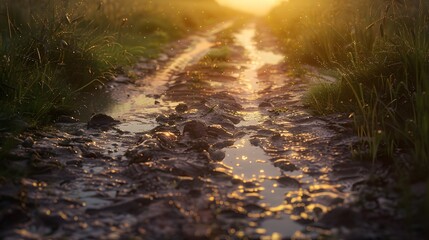 Obraz premium Muddy land, puddles, a road in a field