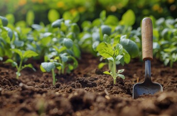 In the garden, a shovel is positioned within the soil, surrounded by various plants and vegetation such as grass, terrestrial plants, leaf vegetables, and groundcover