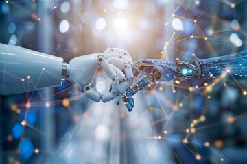 Human and robotic hands touching amidst digital data connections and code swirls