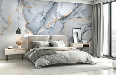 Modern bedroom interior with marble wall mural, grey and copper color palette. Created with Ai