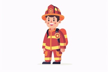 Brave 64-Bit Firefighter - Adorable Character in Flat Design on White Background