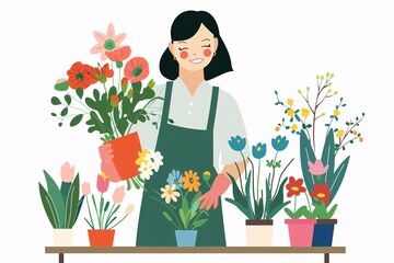 Whimsical 64-Bit Florist Character in Flat Design on White Background