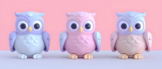 Obraz premium 3D clay, Adorable clay owl bird ,muted pastels, Blender 3d, Easter bunny with colorful eggs and cute , kawaii pets model, dolls decorations