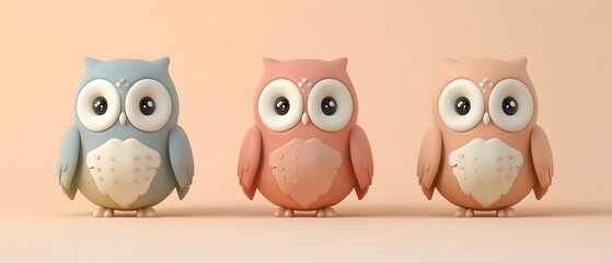 Fototapeta premium 3D clay, Adorable clay owl bird ,muted pastels, Blender 3d, Easter bunny with colorful eggs and cute , kawaii pets model, dolls decorations