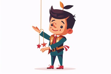 Playful 64-bit Puppeteer Character in Flat Design on White Background